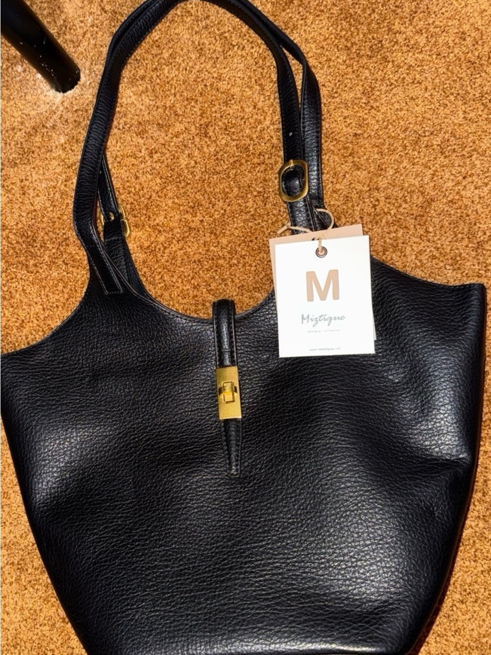Mystique Boutique Black Leather Shoulder Tote with Gold Accent